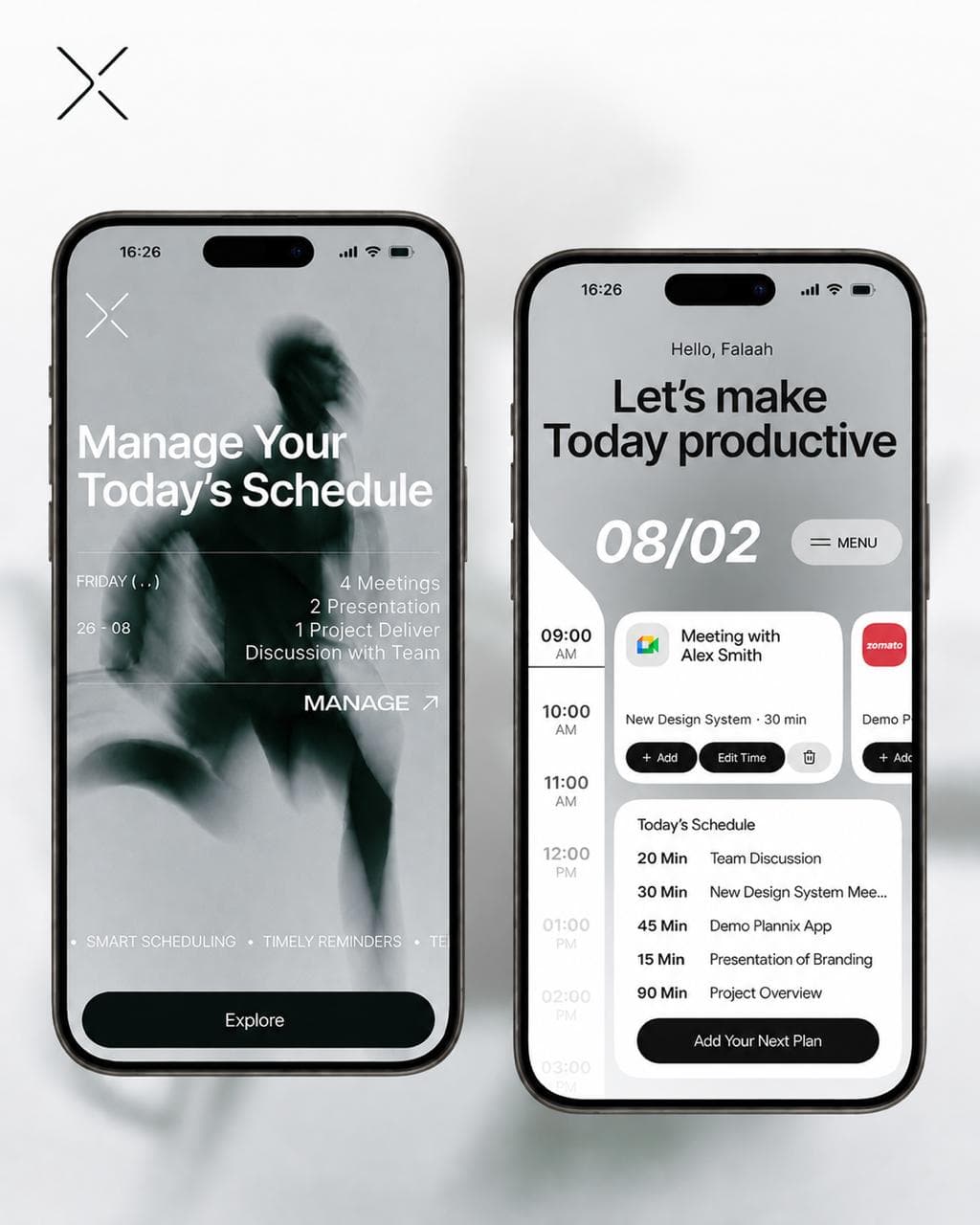 Schedule Management App — two iPhone mockups showing dark and light themed daily planner interfaces